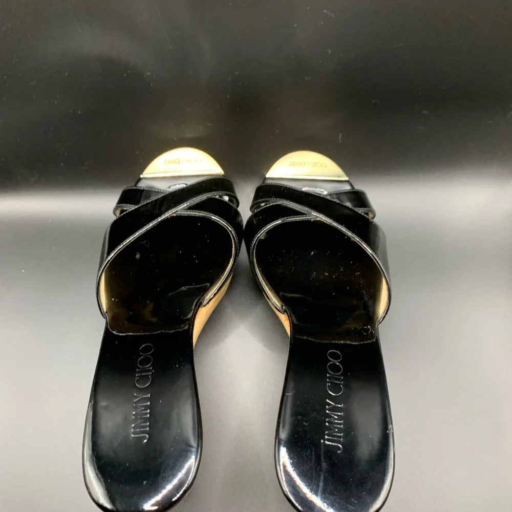 Jimmy Choo Black Patent Cork Wedge Sandals